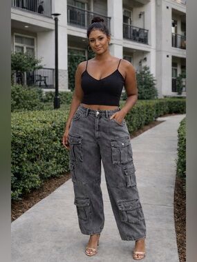 New Black Washed Cargo Jeans XL (34-36”W)